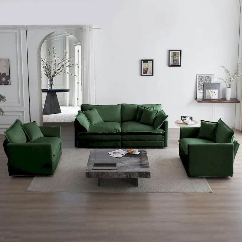 3 Piece Chenille Sofa Set with Arm Pillows and Toss Pillows, Include 2- Piece Armchairs and One 2-seat Sofa