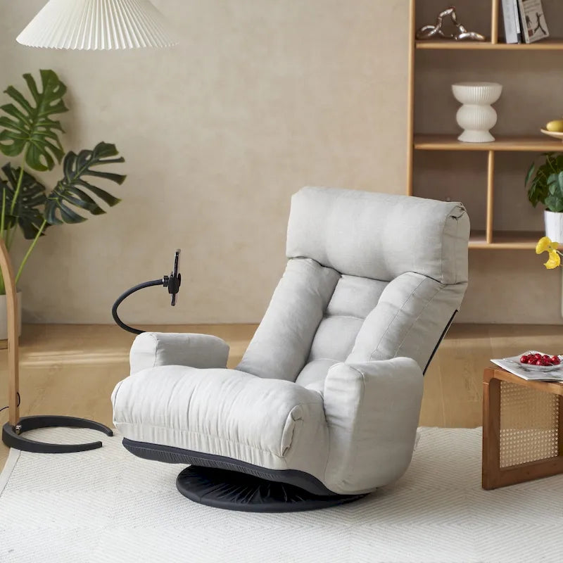 Gray Swivel Recliner with Phone Holder, Adjustable Headrest