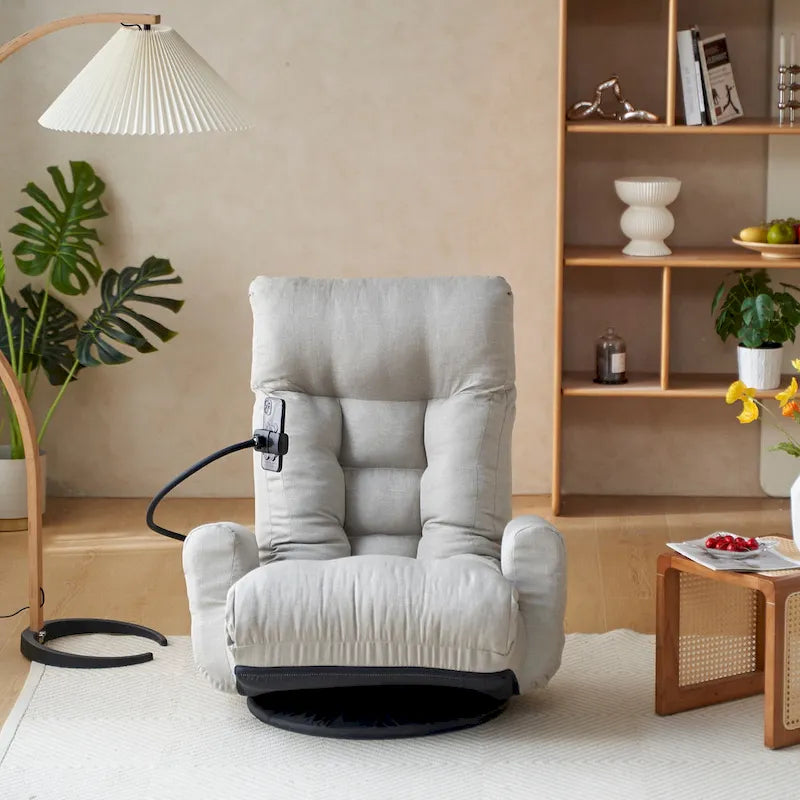 Gray Swivel Recliner with Phone Holder, Adjustable Headrest
