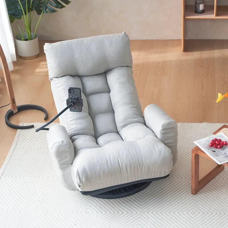 Gray Swivel Recliner with Phone Holder, Adjustable Headrest