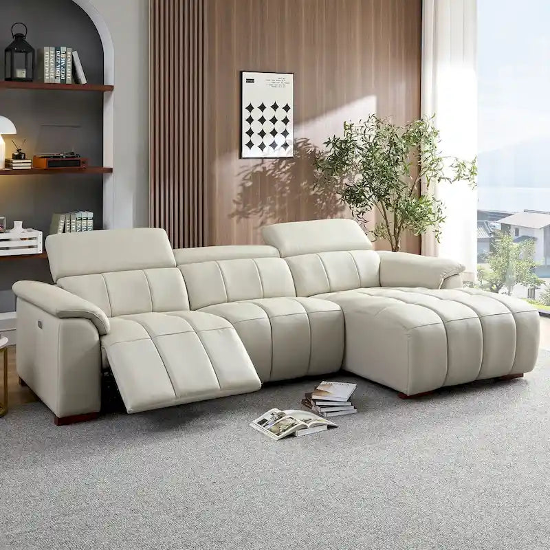 Wall-Hugger Reclining Sofa Modern Electric Control Genuine Leather L Shaped Couch, Seating Furniture with USB Port