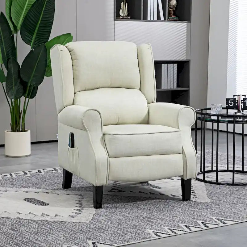 White Linen Wingback Recliner with Vibration Massage, Heat, Footrest