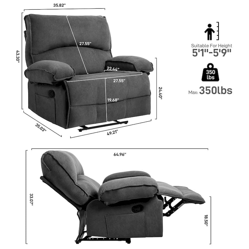 Oversized Velvet Recliner with Massage, Heating, Lumbar Pillow