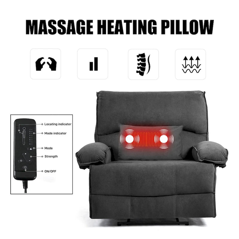 Oversized Velvet Recliner with Massage, Heating, Lumbar Pillow