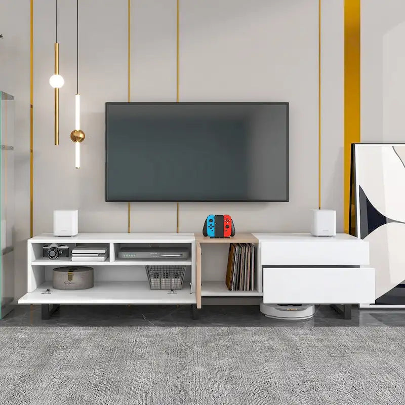 White+Natural 70.9 TV Stand with Storage and Drop Down Door for TVs Up to 80