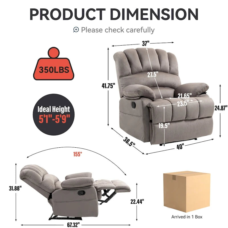 Large Manual Recliner Chair in Fabric for Living Room