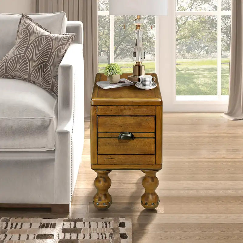 Solid Wood End Table, Rectangle 23.6 inch Narrow Side Table with Drawer, Vintage Bedside Table Nightstand for Small Spaces