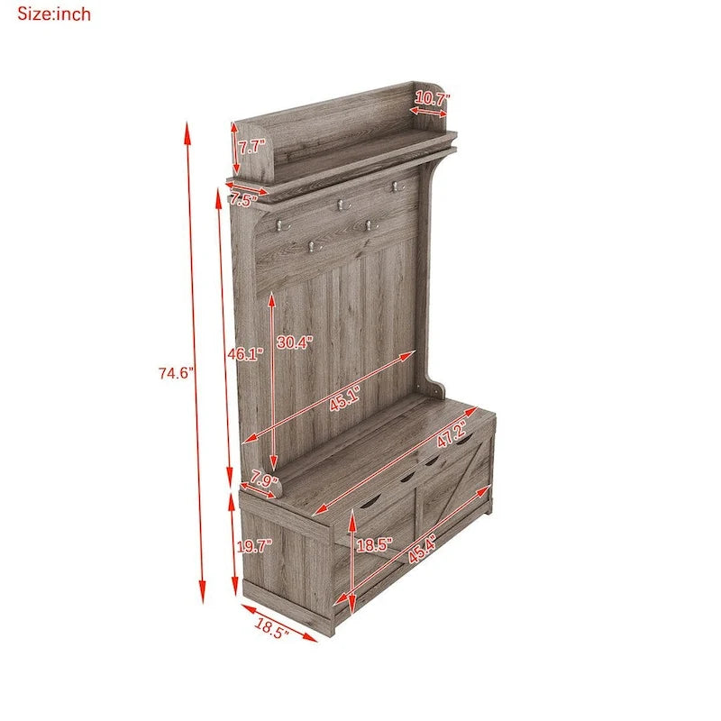 74 3-In-1 Hall Tree Storage Bench and Coat Rack with 5 Hooks, and Anti-Topple Anchor for Entryway