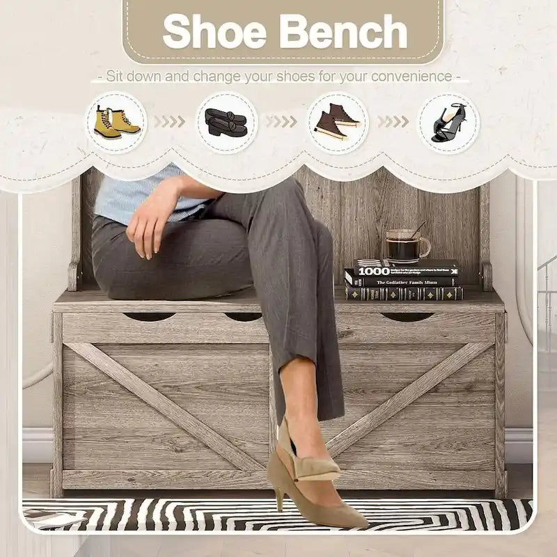 74 3-In-1 Hall Tree Storage Bench and Coat Rack with 5 Hooks, and Anti-Topple Anchor for Entryway