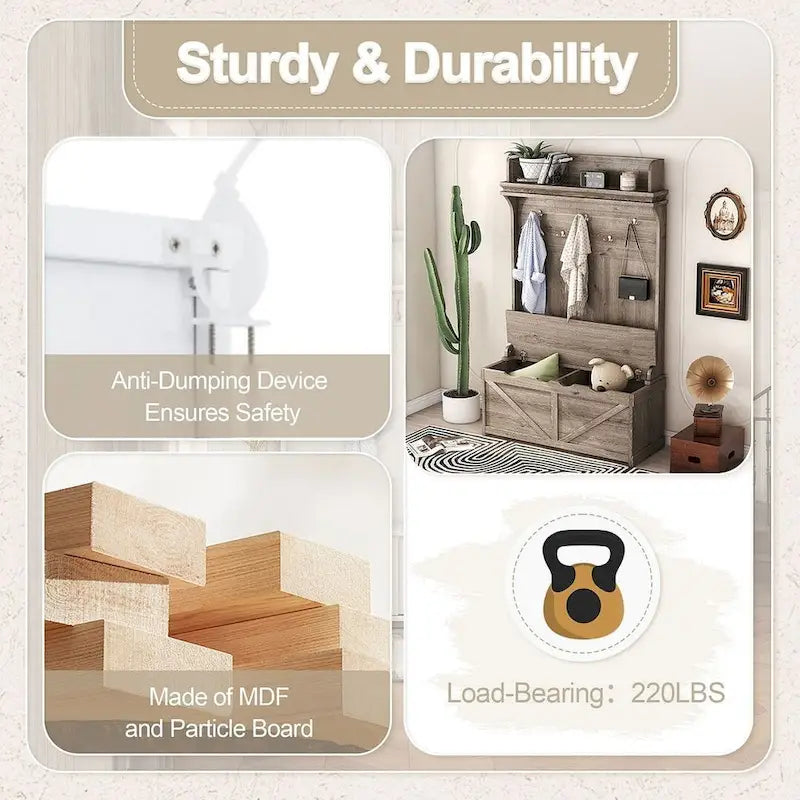 74 3-In-1 Hall Tree Storage Bench and Coat Rack with 5 Hooks, and Anti-Topple Anchor for Entryway