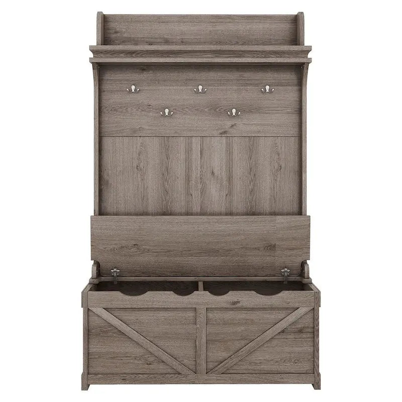74 3-In-1 Hall Tree Storage Bench and Coat Rack with 5 Hooks, and Anti-Topple Anchor for Entryway