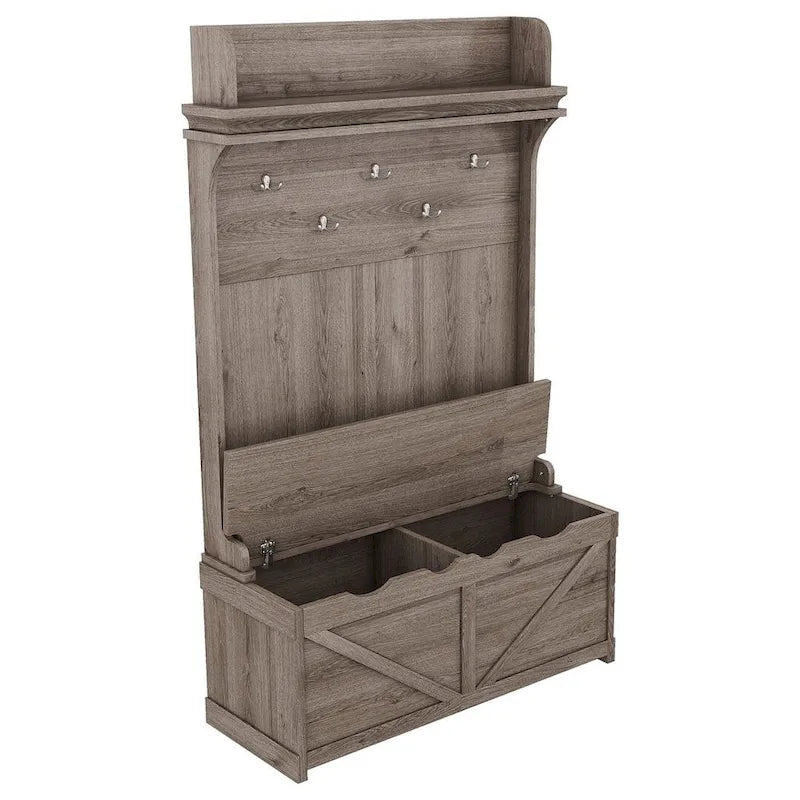 74 3-In-1 Hall Tree Storage Bench and Coat Rack with 5 Hooks, and Anti-Topple Anchor for Entryway