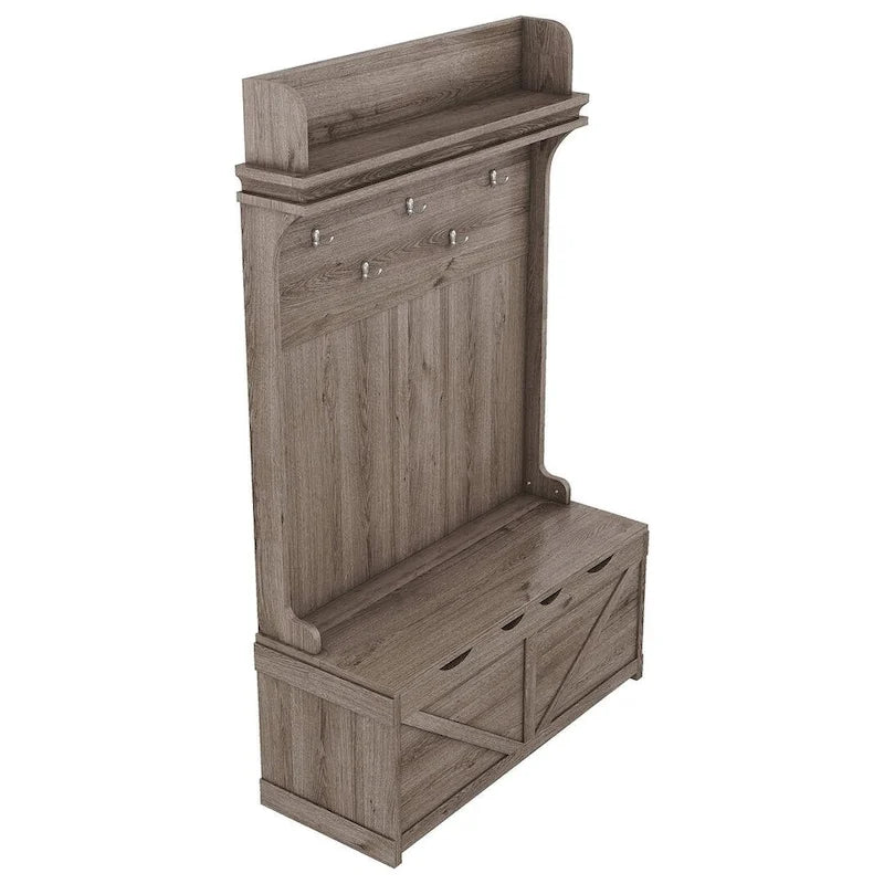 74 3-In-1 Hall Tree Storage Bench and Coat Rack with 5 Hooks, and Anti-Topple Anchor for Entryway