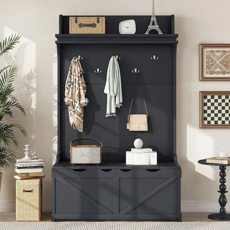 74 3-In-1 Hall Tree Storage Bench and Coat Rack with 5 Hooks, and Anti-Topple Anchor for Entryway