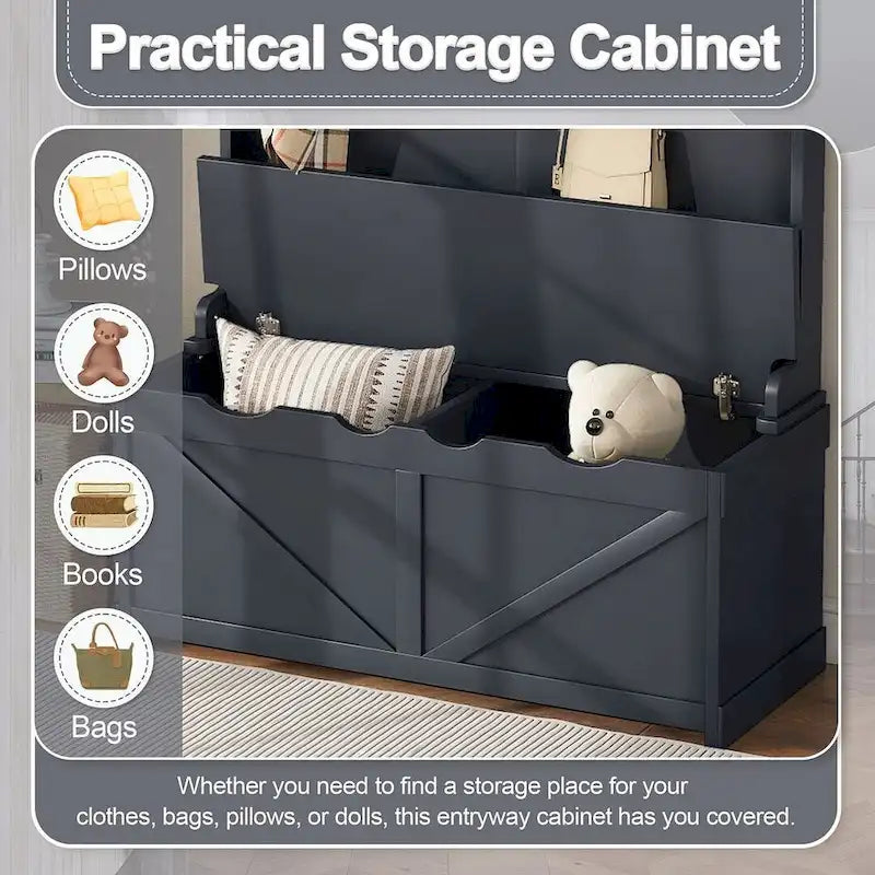 74 3-In-1 Hall Tree Storage Bench and Coat Rack with 5 Hooks, and Anti-Topple Anchor for Entryway