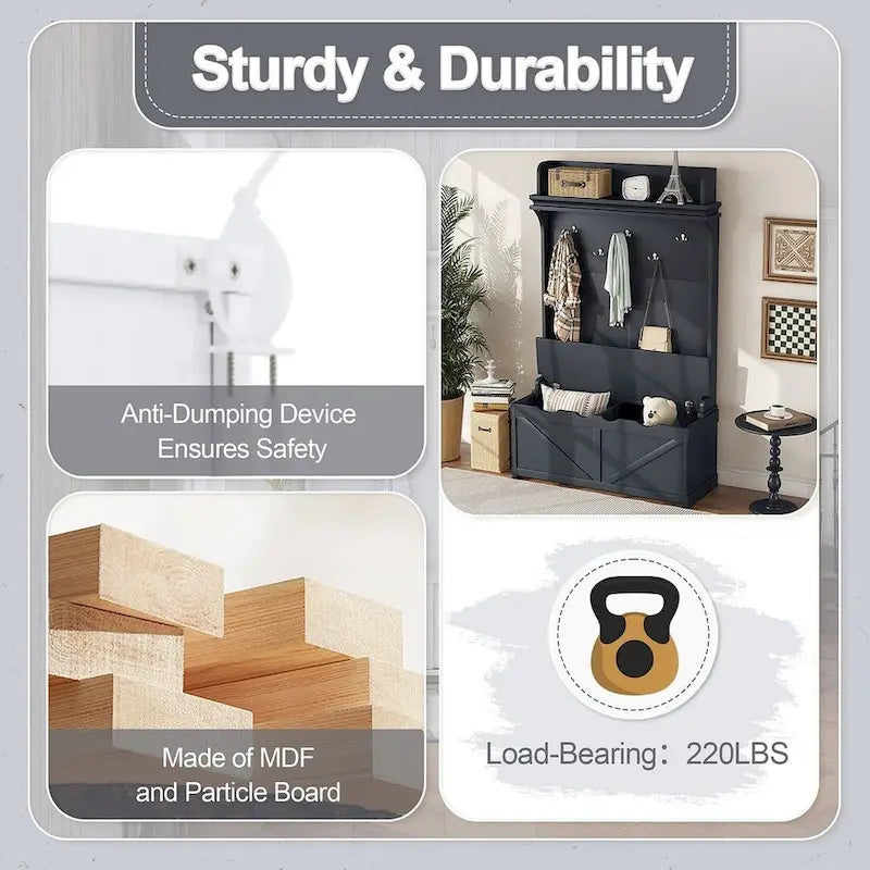 74 3-In-1 Hall Tree Storage Bench and Coat Rack with 5 Hooks, and Anti-Topple Anchor for Entryway