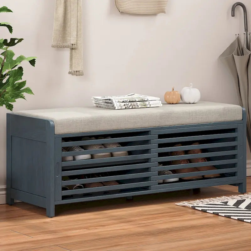 Entryway Shoe Cabinet, Distressed Shutter Storage Bench with Acacia Veneer for Retro Charm for Living Room, Entryway