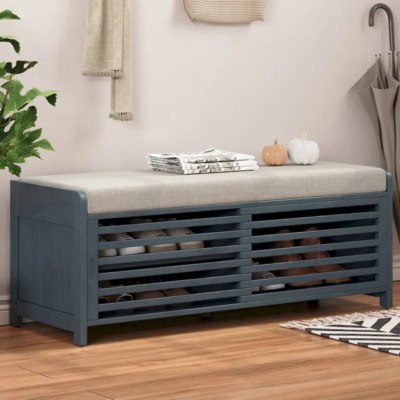 Entryway Shoe Cabinet, Distressed Shutter Storage Bench with Acacia Veneer for Retro Charm for Living Room, Entryway