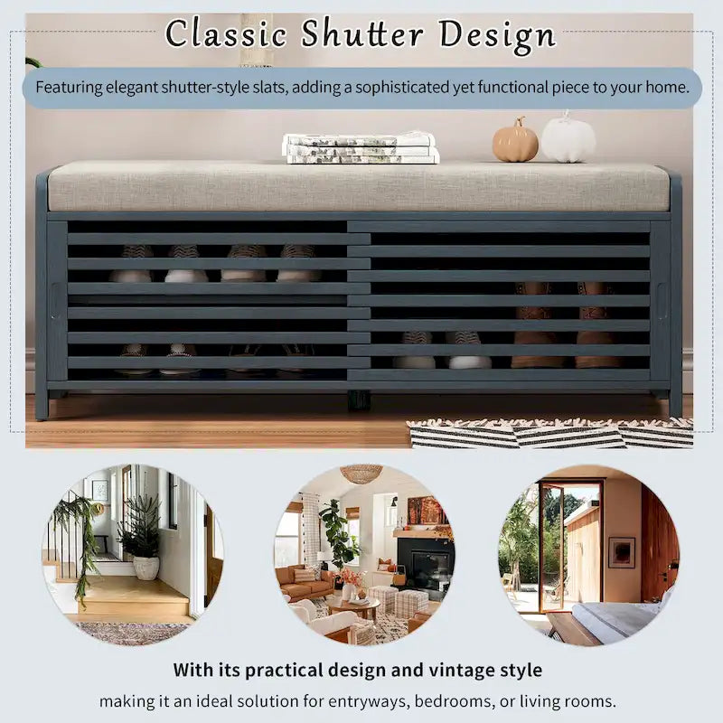 Entryway Shoe Cabinet, Distressed Shutter Storage Bench with Acacia Veneer for Retro Charm for Living Room, Entryway
