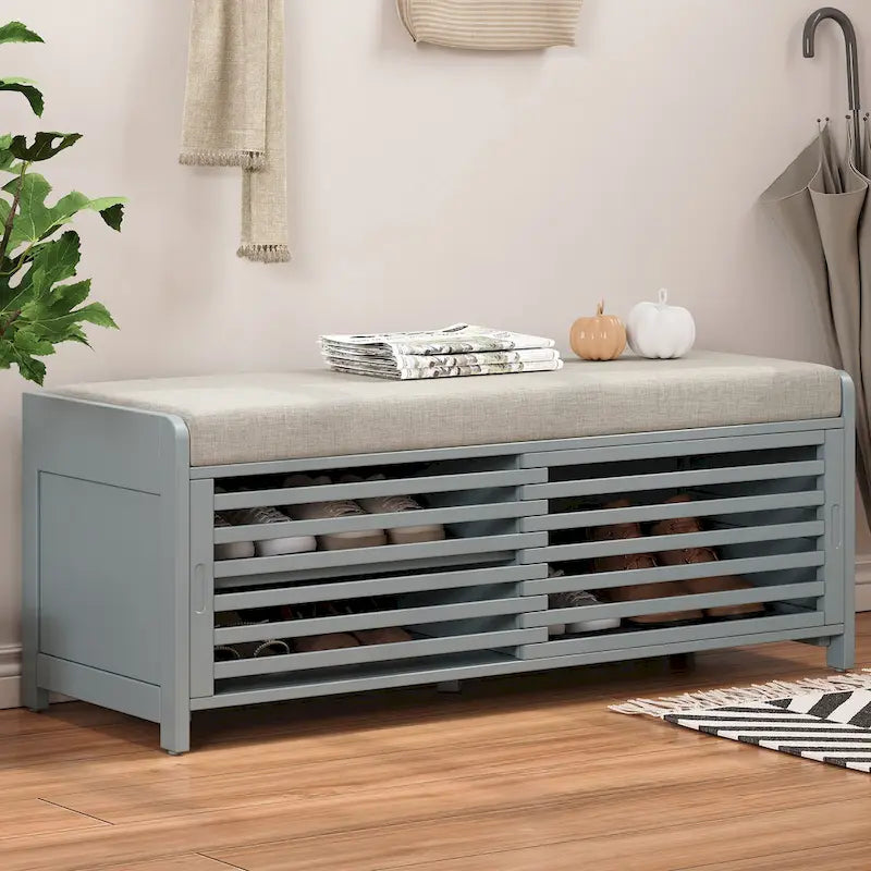 Entryway Shoe Cabinet, Distressed Shutter Storage Bench with Acacia Veneer for Retro Charm for Living Room, Entryway