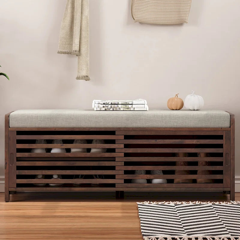 Entryway Shoe Cabinet, Distressed Shutter Storage Bench with Acacia Veneer for Retro Charm for Living Room, Entryway