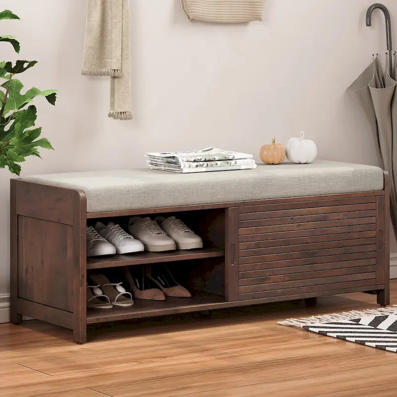 Entryway Shoe Cabinet, Distressed Shutter Storage Bench with Acacia Veneer for Retro Charm for Living Room, Entryway
