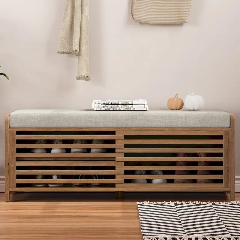 Entryway Shoe Cabinet, Distressed Shutter Storage Bench with Acacia Veneer for Retro Charm for Living Room, Entryway