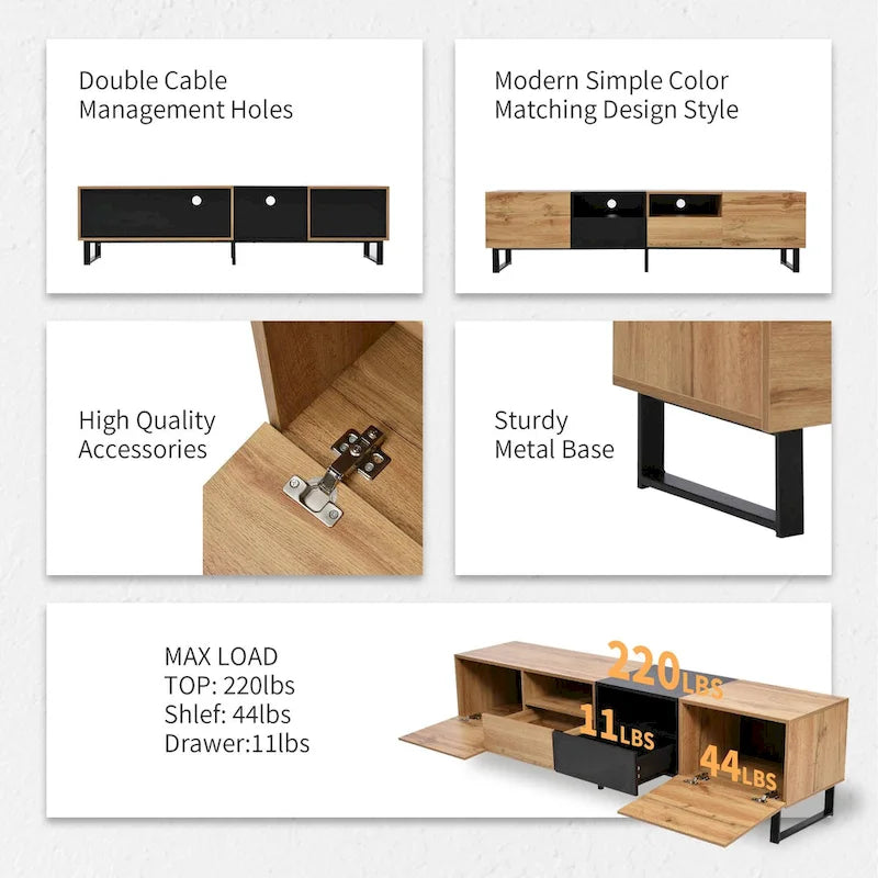 TV Stand with 2 Cabinets and Open Storage Compartment