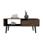 Coffee Table, One Drawer, One Open Shelf, Four Legs, Dark Walnut Finish