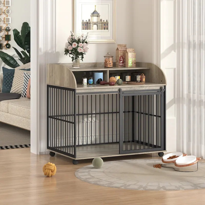 44 Heavy Duty Large Dog Crate Furniture for Large Medium Dog with Lockable Wheels, Wooden Dog Crate Dog Kennel