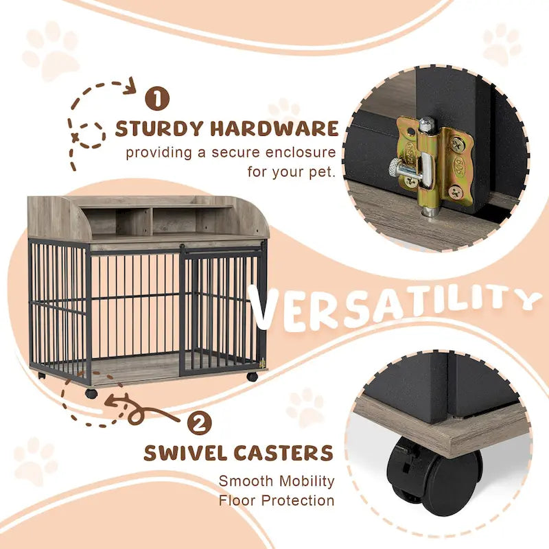 44 Heavy Duty Large Dog Crate Furniture for Large Medium Dog with Lockable Wheels, Wooden Dog Crate Dog Kennel