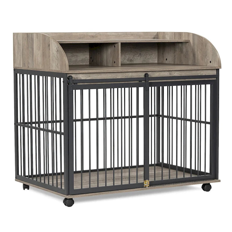 44 Heavy Duty Large Dog Crate Furniture for Large Medium Dog with Lockable Wheels, Wooden Dog Crate Dog Kennel