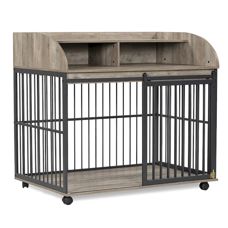 44 Heavy Duty Large Dog Crate Furniture for Large Medium Dog with Lockable Wheels, Wooden Dog Crate Dog Kennel