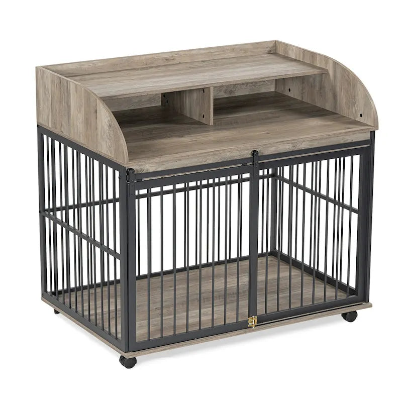 44 Heavy Duty Large Dog Crate Furniture for Large Medium Dog with Lockable Wheels, Wooden Dog Crate Dog Kennel