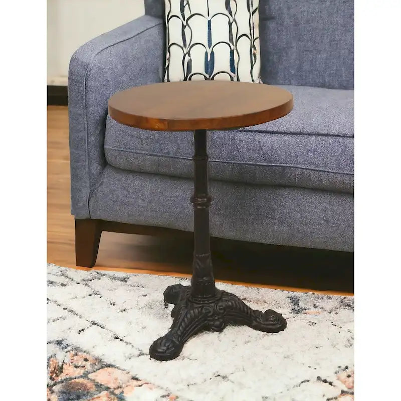 HomeRoots 28 Black And Wood Brown Solid Wood And Iron Round End Table - 28