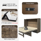 Farmhouse Style Full Size Cabinet Murphy Bed with Charging Station and Large Storage Drawer
