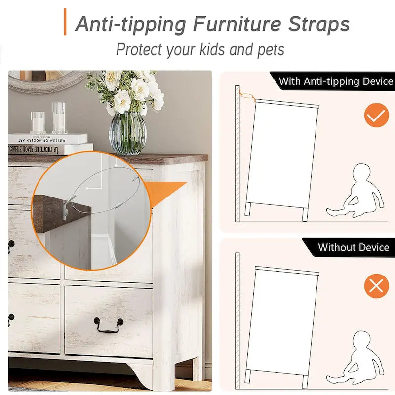 WAMPAT 53.5 Wide Farmhouse White Dresser TV Stand with Curved Edge Design and Wide Chests of Drawers