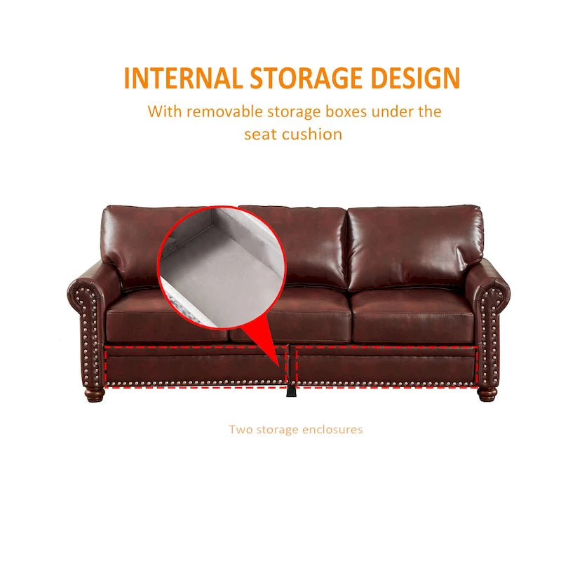 3-pieces Mid-Century Modern Faux Leather Sofa Set with Storage, 1+2+3 Seater