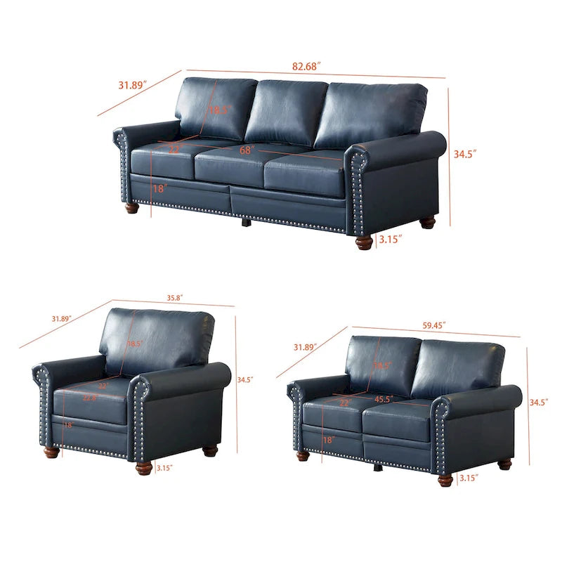 3-pieces Mid-Century Modern Faux Leather Sofa Set with Storage, 1+2+3 Seater