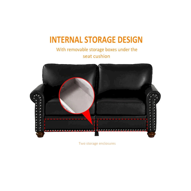 3-pieces Mid-Century Modern Faux Leather Sofa Set with Storage, 1+2+3 Seater