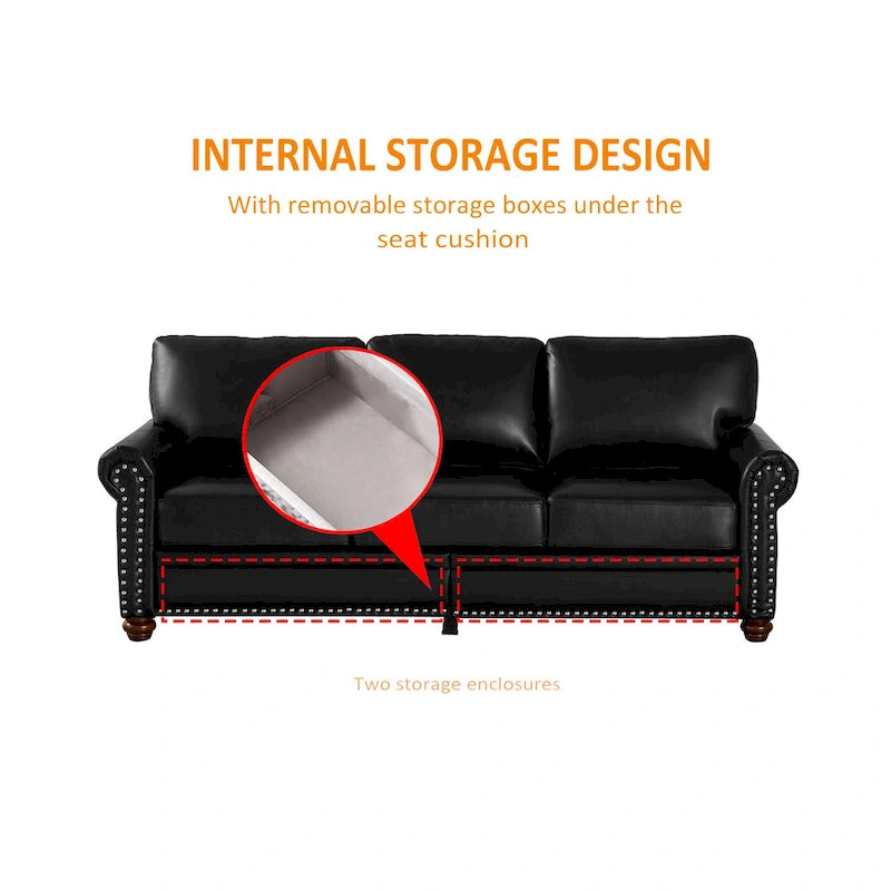 3-pieces Mid-Century Modern Faux Leather Sofa Set with Storage, 1+2+3 Seater