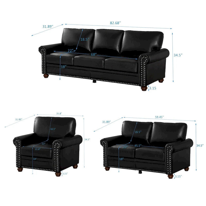 3-pieces Mid-Century Modern Faux Leather Sofa Set with Storage, 1+2+3 Seater