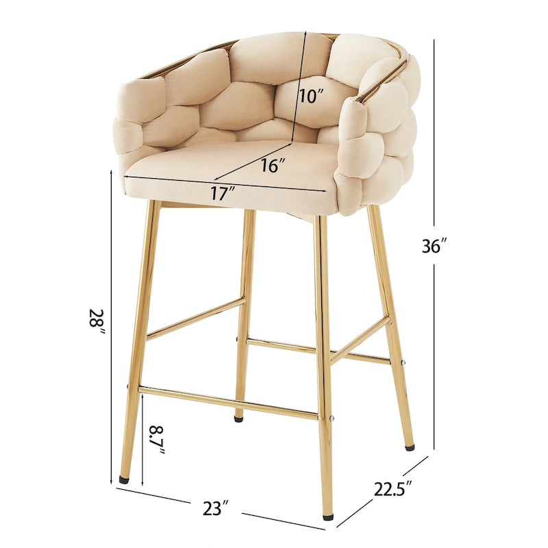 Modern 28-Inch Set of 2 Bar Stools with Velvet Padded Backrest Seat, Metal Legs for Dining Room Living Room and Bedroom