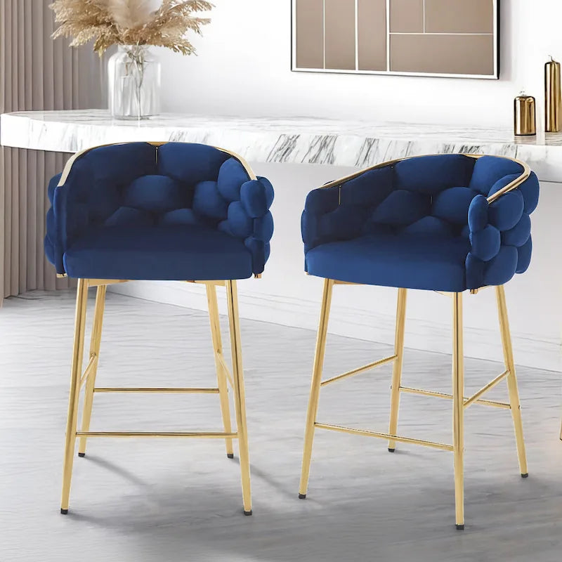 Modern 28-Inch Set of 2 Bar Stools with Velvet Padded Backrest Seat, Metal Legs for Dining Room Living Room and Bedroom