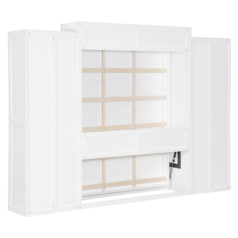 Murphy Bed Wall Bed with Wardrobe, Drawers, LED Light and Desk