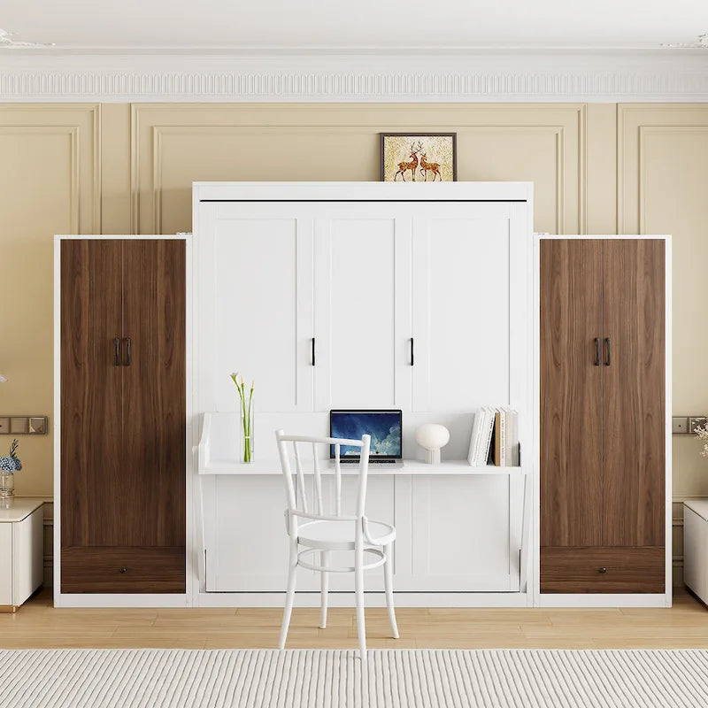 Murphy Bed Wall Bed with Wardrobe, Drawers, LED Light and Desk