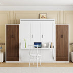 Murphy Bed Wall Bed with Wardrobe, Drawers, LED Light and Desk