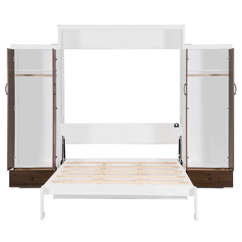Murphy Bed Wall Bed with Wardrobe, Drawers, LED Light and Desk