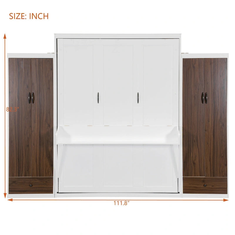 Murphy Bed Wall Bed with Wardrobe, Drawers, LED Light and Desk