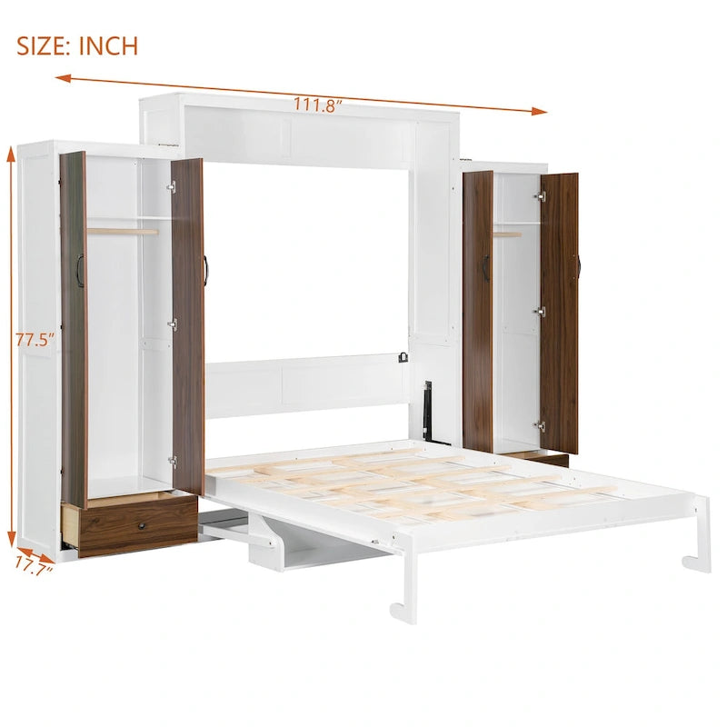 Murphy Bed Wall Bed with Wardrobe, Drawers, LED Light and Desk